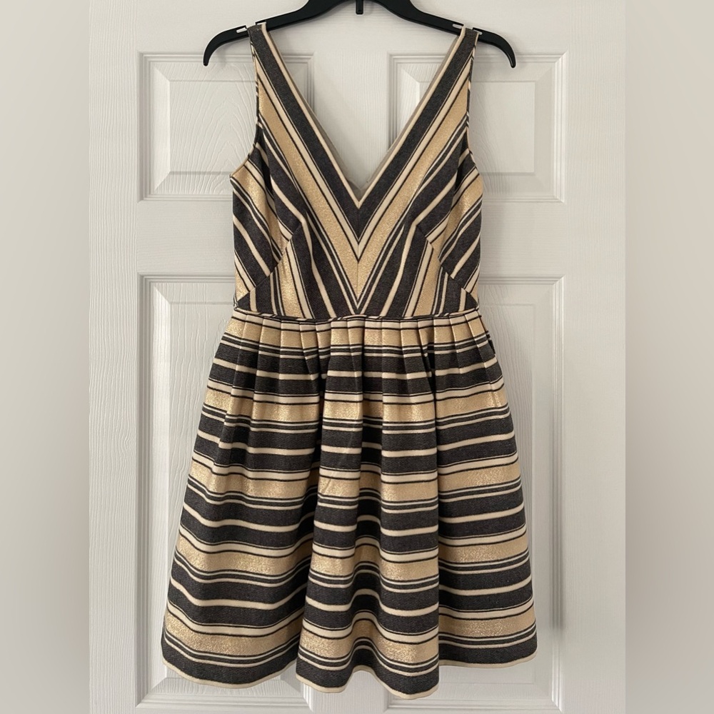 J. Crew Gold and Gray Striped V Neck Sleeveless A-Line Sparkly Mini Dress 43721